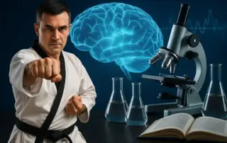 Taekwon-Do-Kämpfer im weißen Dobok führt einen Kick aus, kombiniert mit Symbolen für Wissenschaft, Gehirn und Herzschlag