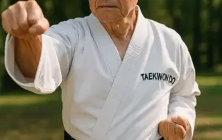 Älterer Taekwon-Do-Meister in weißem Dobok übt eine Technik im Freien und zeigt die gesundheitliche Wirkung von Kampfkunst im Alter.